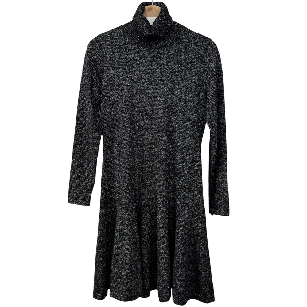 New Calvin Klein Black Turtleneck Knit Sweater Dress Metallic Long Sleeve A-Line